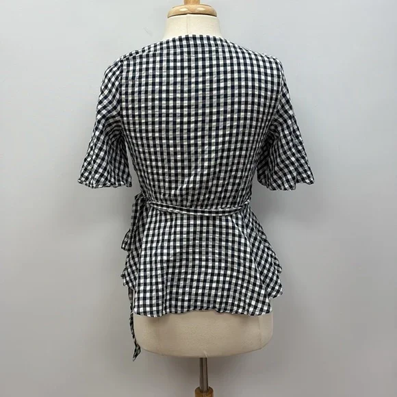 Ann Taylor LOFT Gingham Plaid Surplice V-Neck Wrap Woven Blouse Preppy Navy XS - Picture 6 of 10